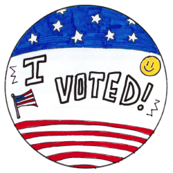 Sticker drawing, top third blue background with white stars; bottom third with red and white strips; middle section has 'I Voted!' in block letters, with a small American flag to the left and a yellow smiley face to the right.